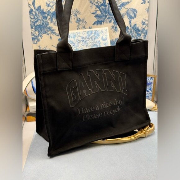 🆕 GANNI 🧿 NWOT Large Easy Shopper Tote Bag, Black Canvas & Black Embroidery - Picture 3 of 10